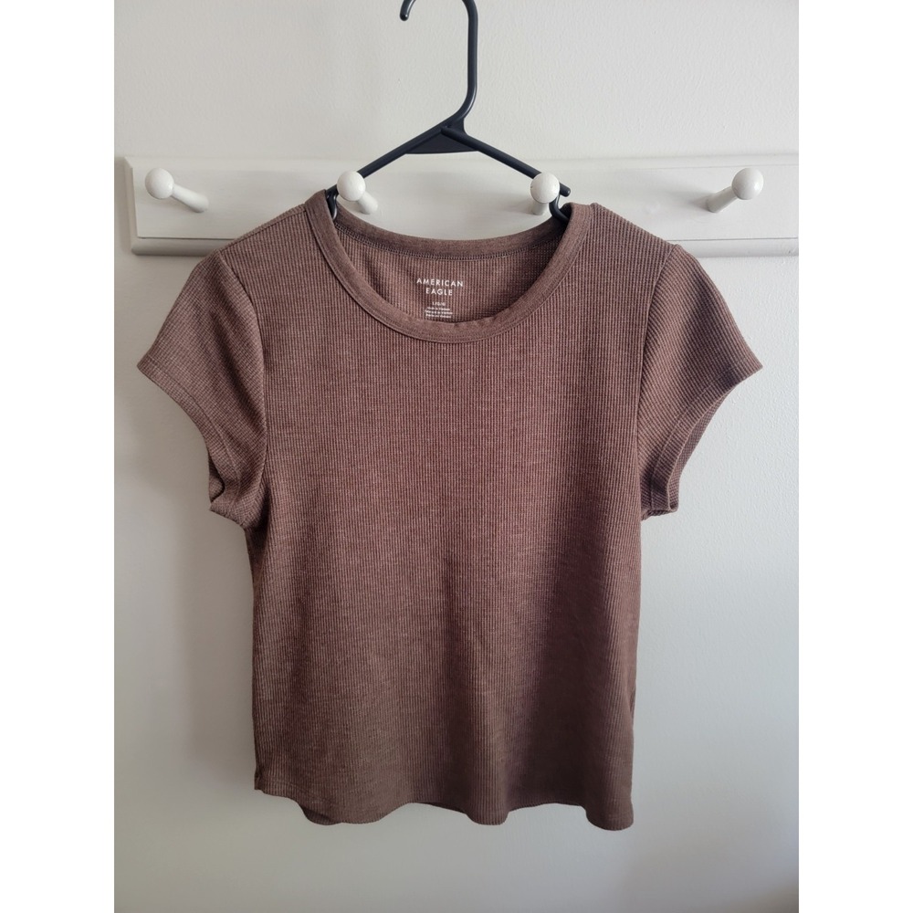 American Eagle Women's Large Chocolate Brown Ribbed Crewneck S/S Top Basic EUC